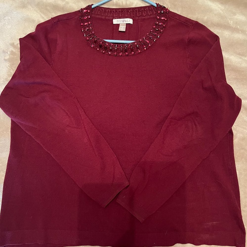 Roz & Ali Burgundy Red beaded sweater Womens 1X